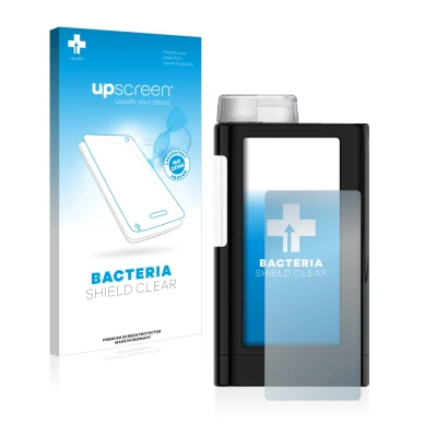 Parte frontal de un envase de producto con el logotipo de la marca upscreen. Al lado se muestra el dispositivo Mylife YpsoPump