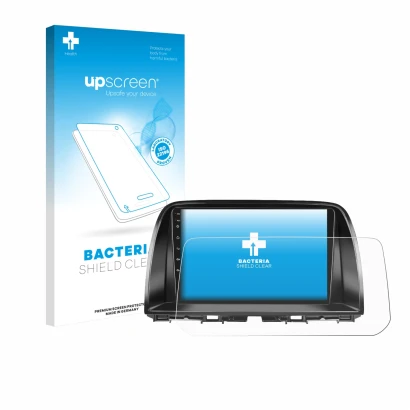 Parte frontal de un envase de producto con el logotipo de la marca upscreen. Al lado se muestra el dispositivo Mazda CX-5 2017