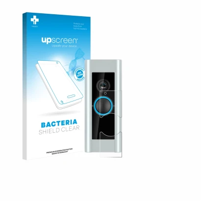 Parte frontal de un envase de producto con el logotipo de la marca upscreen. Al lado se muestra el dispositivo Ring Video Door