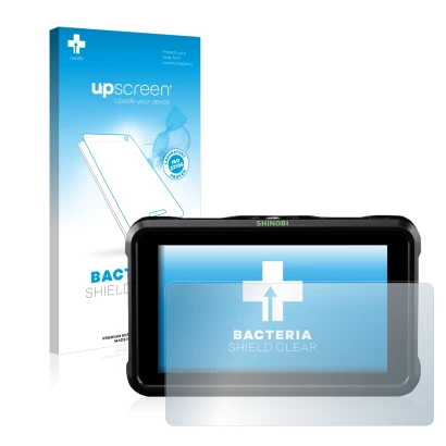 Parte frontal de un envase de producto con el logotipo de la marca upscreen. Al lado se muestra el dispositivo Atomos Shinobi