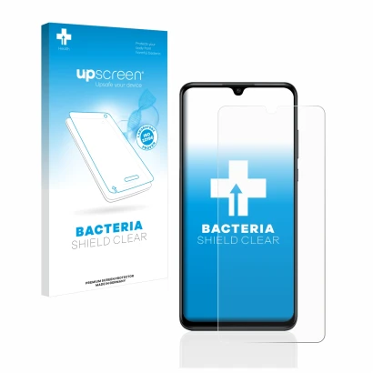 Parte frontal de un envase de producto con el logotipo de la marca upscreen. Al lado se muestra el dispositivo Huawei P30 lite