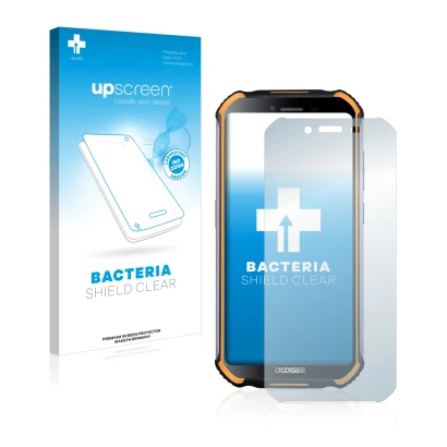 Parte frontal de un envase de producto con el logotipo de la marca upscreen. Al lado se muestra el dispositivo Doogee S40 con 