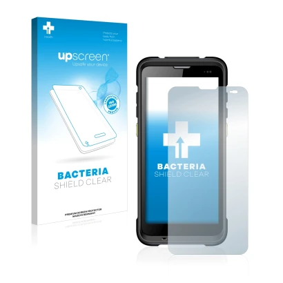 Parte frontal de un envase de producto con el logotipo de la marca upscreen. Al lado se muestra el dispositivo Chainway C66 co