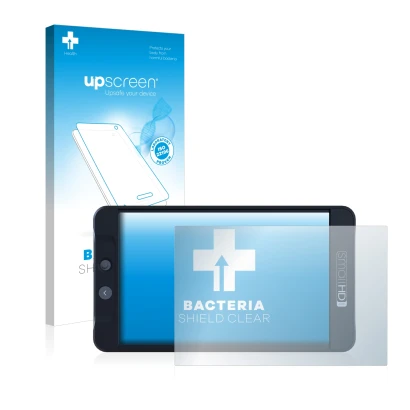 Parte frontal de un envase de producto con el logotipo de la marca upscreen. Al lado se muestra el dispositivo SmallHD 702 Bla