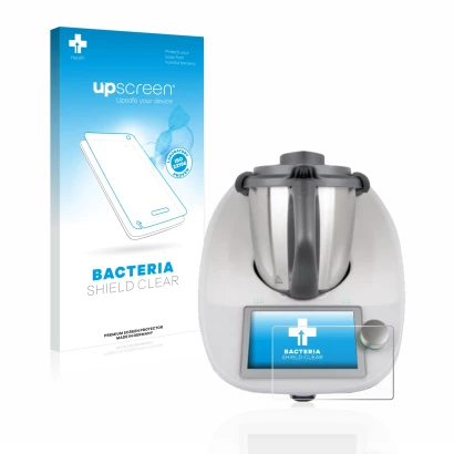 Parte frontal de un envase de producto con el logotipo de la marca upscreen. Al lado se muestra el dispositivo Vorwerk Bimby T