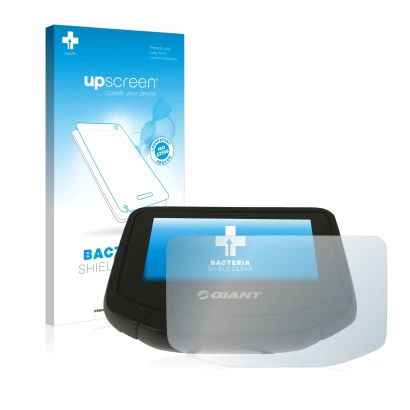 Parte frontal de un envase de producto con el logotipo de la marca upscreen. Al lado se muestra el dispositivo Giant RideContr