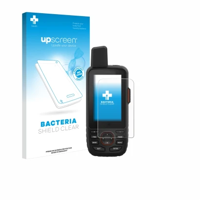 Parte frontal de un envase de producto con el logotipo de la marca upscreen. Al lado se muestra el dispositivo Garmin GPSMAP 6