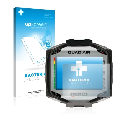 Parte frontal de un envase de producto con el logotipo de la marca upscreen. Al lado se muestra el dispositivo Mares Quad Air