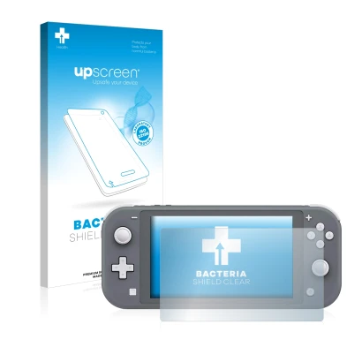 Parte frontal de un envase de producto con el logotipo de la marca upscreen. Al lado se muestra el dispositivo Nintendo Switch