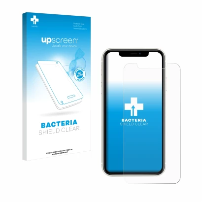 Parte frontal de un envase de producto con el logotipo de la marca upscreen. Al lado se muestra el dispositivo Apple iPhone 11