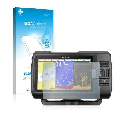 Parte frontal de un envase de producto con el logotipo de la marca upscreen. Al lado se muestra el dispositivo Garmin Striker