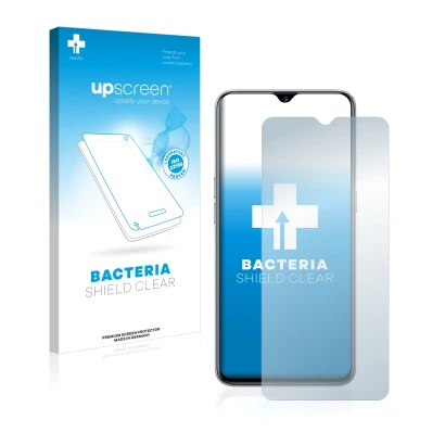 Parte frontal de un envase de producto con el logotipo de la marca upscreen. Al lado se muestra el dispositivo realme XT con s