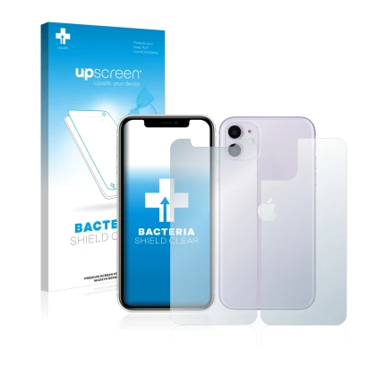 Parte frontal de un envase de producto con el logotipo de la marca upscreen. Al lado se muestra el dispositivo Apple iPhone 11