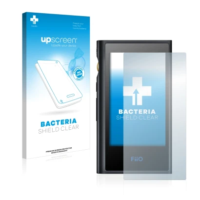 Parte frontal de un envase de producto con el logotipo de la marca upscreen. Al lado se muestra el dispositivo FiiO M9 con su