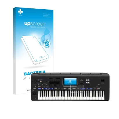 Parte frontal de un envase de producto con el logotipo de la marca upscreen. Al lado se muestra el dispositivo Yamaha Genos co