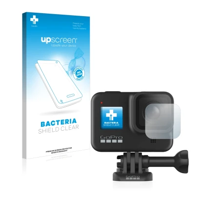 Parte frontal de un envase de producto con el logotipo de la marca upscreen. Al lado se muestra el dispositivo GoPro Hero 8 Bl
