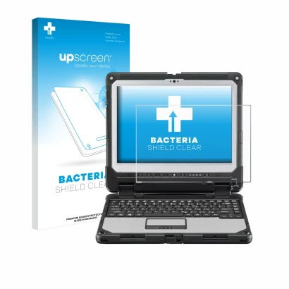 Parte frontal de un envase de producto con el logotipo de la marca upscreen. Al lado se muestra el dispositivo Panasonic Tough