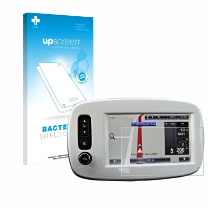 Parte frontal de un envase de producto con el logotipo de la marca upscreen. Al lado se muestra el dispositivo TomTom Smart 45