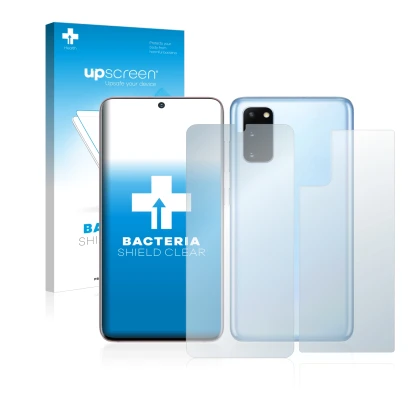 Parte frontal de un envase de producto con el logotipo de la marca upscreen. Al lado se muestra el dispositivo Samsung Galaxy