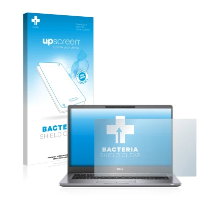 Parte frontal de un envase de producto con el logotipo de la marca upscreen. Al lado se muestra el dispositivo Dell Latitude 7