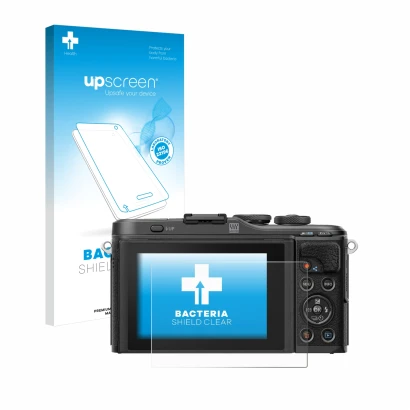 Parte frontal de un envase de producto con el logotipo de la marca upscreen. Al lado se muestra el dispositivo Olympus PEN E-P