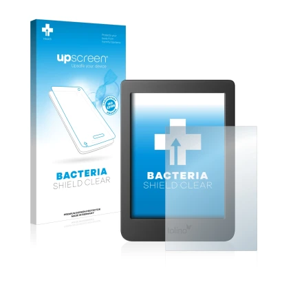 Parte frontal de un envase de producto con el logotipo de la marca upscreen. Al lado se muestra el dispositivo Tolino Page 2 c