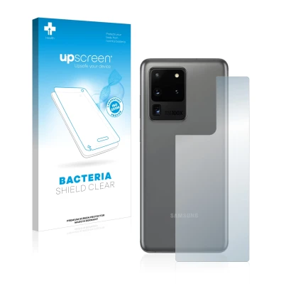 Parte frontal de un envase de producto con el logotipo de la marca upscreen. Al lado se muestra el dispositivo Samsung Galaxy 