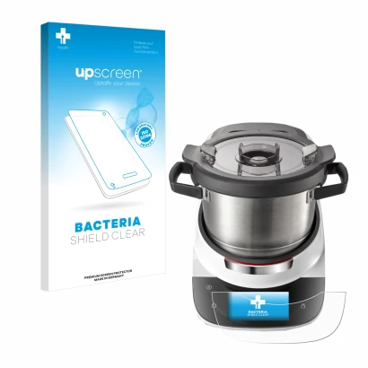 Parte frontal de un envase de producto con el logotipo de la marca upscreen. Al lado se muestra el dispositivo Bosch Cookit co