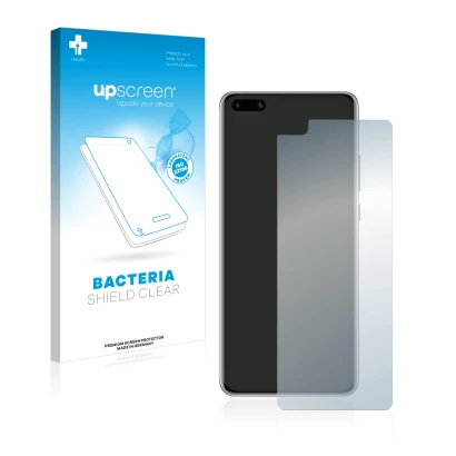 Parte frontal de un envase de producto con el logotipo de la marca upscreen. Al lado se muestra el dispositivo Huawei P40 con 