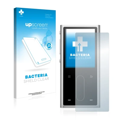 Parte frontal de un envase de producto con el logotipo de la marca upscreen. Al lado se muestra el dispositivo FiiO M3K con su