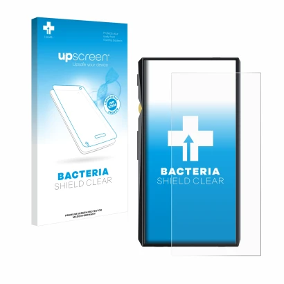 Parte frontal de un envase de producto con el logotipo de la marca upscreen. Al lado se muestra el dispositivo FiiO M11 Pro co
