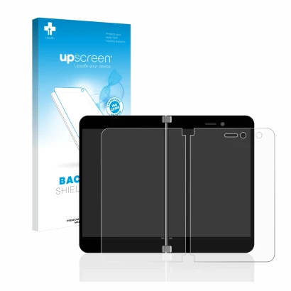 Parte frontal de un envase de producto con el logotipo de la marca upscreen. Al lado se muestra el dispositivo Microsoft Surfa
