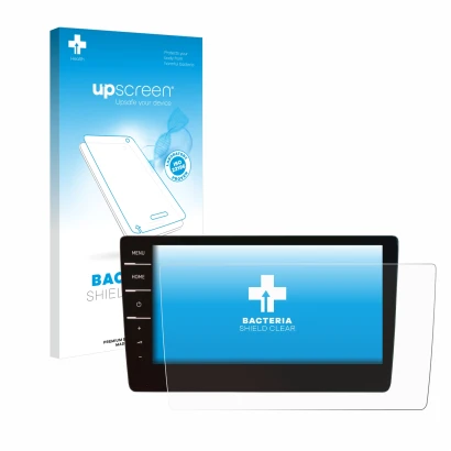 Parte frontal de un envase de producto con el logotipo de la marca upscreen. Al lado se muestra el dispositivo Volkswagen Arte