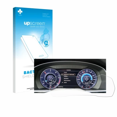 Parte frontal de un envase de producto con el logotipo de la marca upscreen. Al lado se muestra el dispositivo Volkswagen Pass