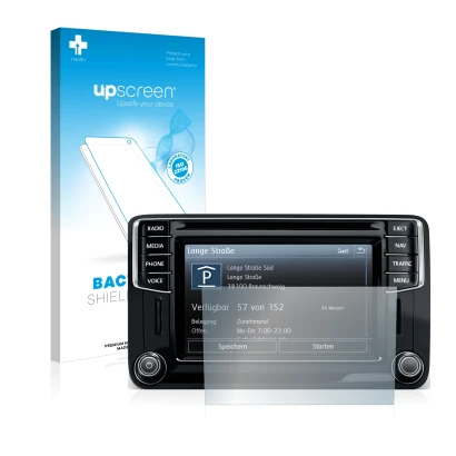 Parte frontal de un envase de producto con el logotipo de la marca upscreen. Al lado se muestra el dispositivo Volkswagen Amar