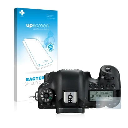 Parte frontal de un envase de producto con el logotipo de la marca upscreen. Al lado se muestra el dispositivo Canon EOS 6D (p