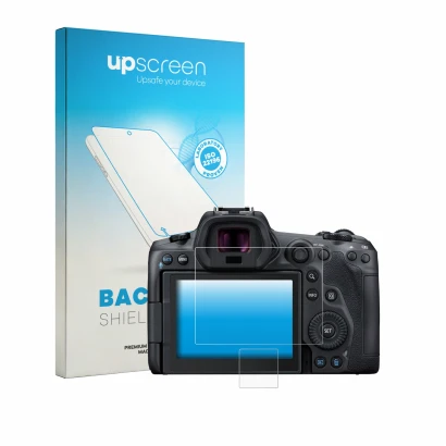 Parte frontal de un envase de producto con el logotipo de la marca upscreen. Al lado se muestra el dispositivo Canon EOS R5 co