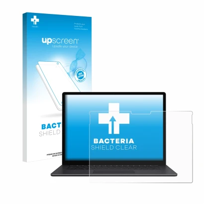 Parte frontal de un envase de producto con el logotipo de la marca upscreen. Al lado se muestra el dispositivo Microsoft Surfa