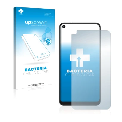 Parte frontal de un envase de producto con el logotipo de la marca upscreen. Al lado se muestra el dispositivo TCL 10L con su 