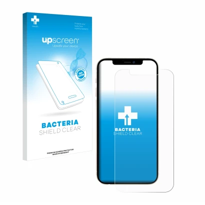 Parte frontal de un envase de producto con el logotipo de la marca upscreen. Al lado se muestra el dispositivo Apple iPhone 12