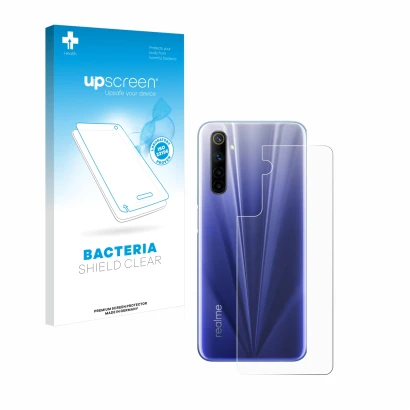 Parte frontal de un envase de producto con el logotipo de la marca upscreen. Al lado se muestra el dispositivo realme 6 (Trase