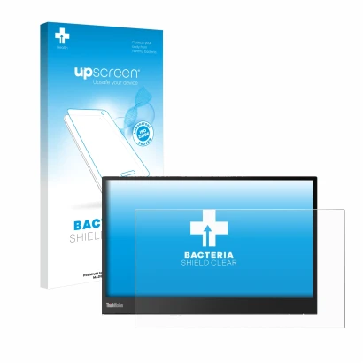 Parte frontal de un envase de producto con el logotipo de la marca upscreen. Al lado se muestra el dispositivo Lenovo ThinkVis
