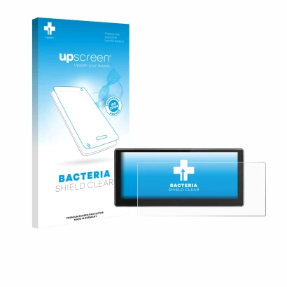 Parte frontal de un envase de producto con el logotipo de la marca upscreen. Al lado se muestra el dispositivo Joying 4G Car R