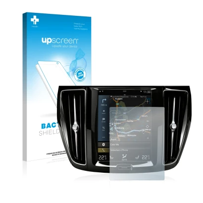 Parte frontal de un envase de producto con el logotipo de la marca upscreen. Al lado se muestra el dispositivo Volvo S60 Sensu