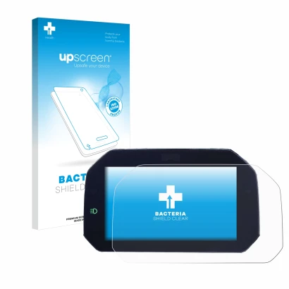 Parte frontal de un envase de producto con el logotipo de la marca upscreen. Al lado se muestra el dispositivo BMW S 1000 RR 2