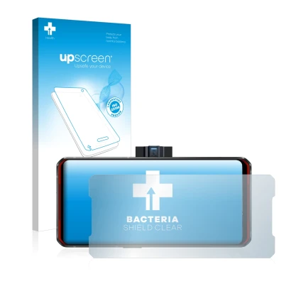 Parte frontal de un envase de producto con el logotipo de la marca upscreen. Al lado se muestra el dispositivo Lenovo Legion D