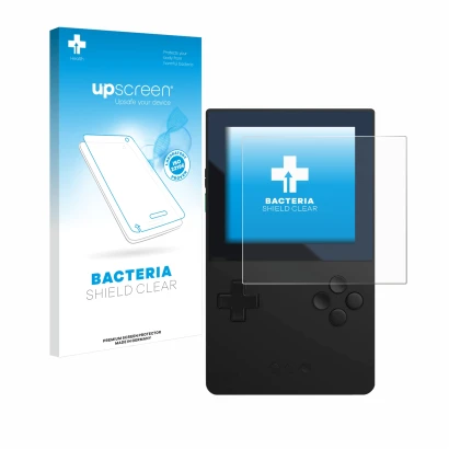 Parte frontal de un envase de producto con el logotipo de la marca upscreen. Al lado se muestra el dispositivo Analogue Pocket