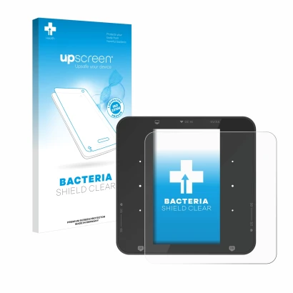 Parte frontal de un envase de producto con el logotipo de la marca upscreen. Al lado se muestra el dispositivo ISDT P30 con su