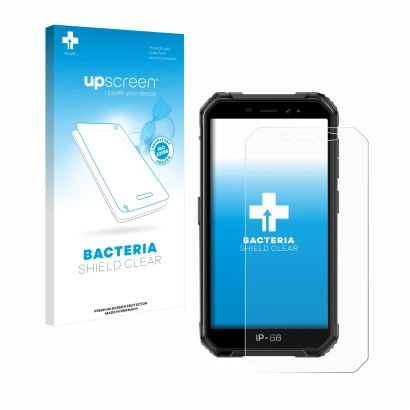 Parte frontal de un envase de producto con el logotipo de la marca upscreen. Al lado se muestra el dispositivo Ulefone Armor X