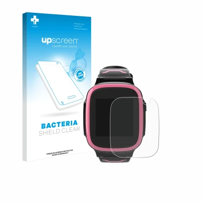 Parte frontal de un envase de producto con el logotipo de la marca upscreen. Al lado se muestra el dispositivo Xplora X5 Play